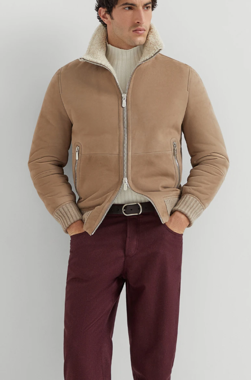 Bomber scamosciato con collo in maglia - Brunello Cucinelli