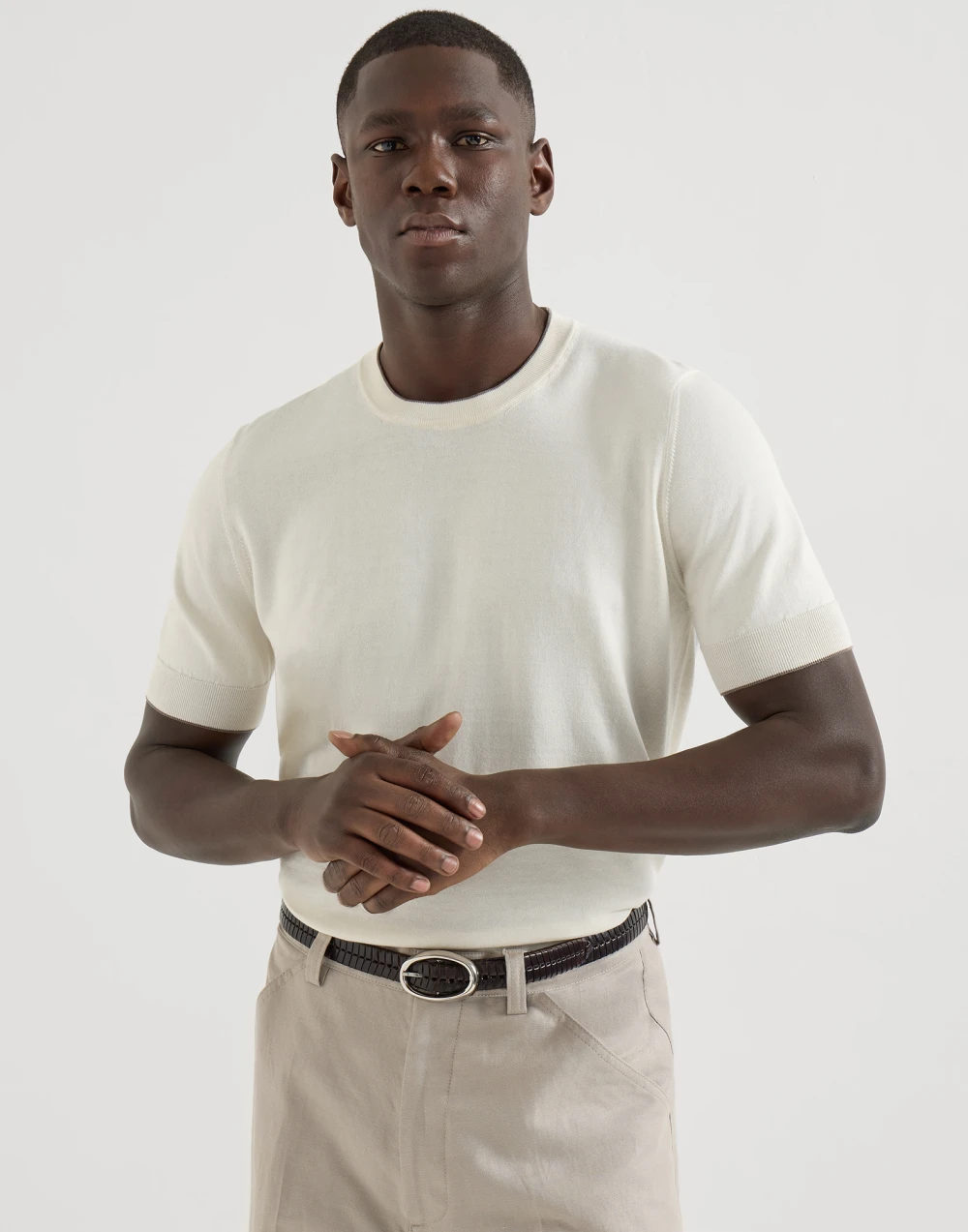 T-shirt in maglia leggera di cotone con dettagli in contrasto- brunello cucinelli