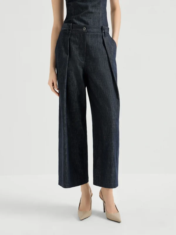 Pantalone A-line Pleated in twill con Shiny Loop -brunello cucinelli