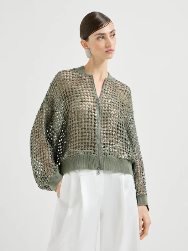 Cardigan Dazzling Net Embroidery in seta e lino - Brunello Cucinelli