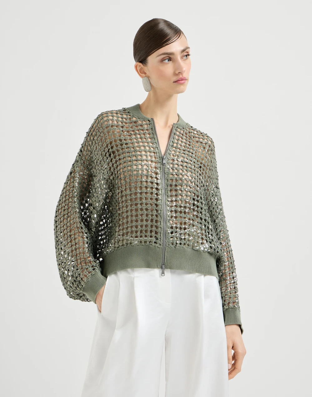 Cardigan Dazzling Net Embroidery in seta e lino - Brunello Cucinelli