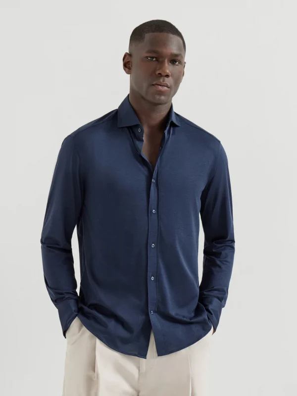 Camicia in jersey di seta e cotone con colletto francese-brunello cucinelli