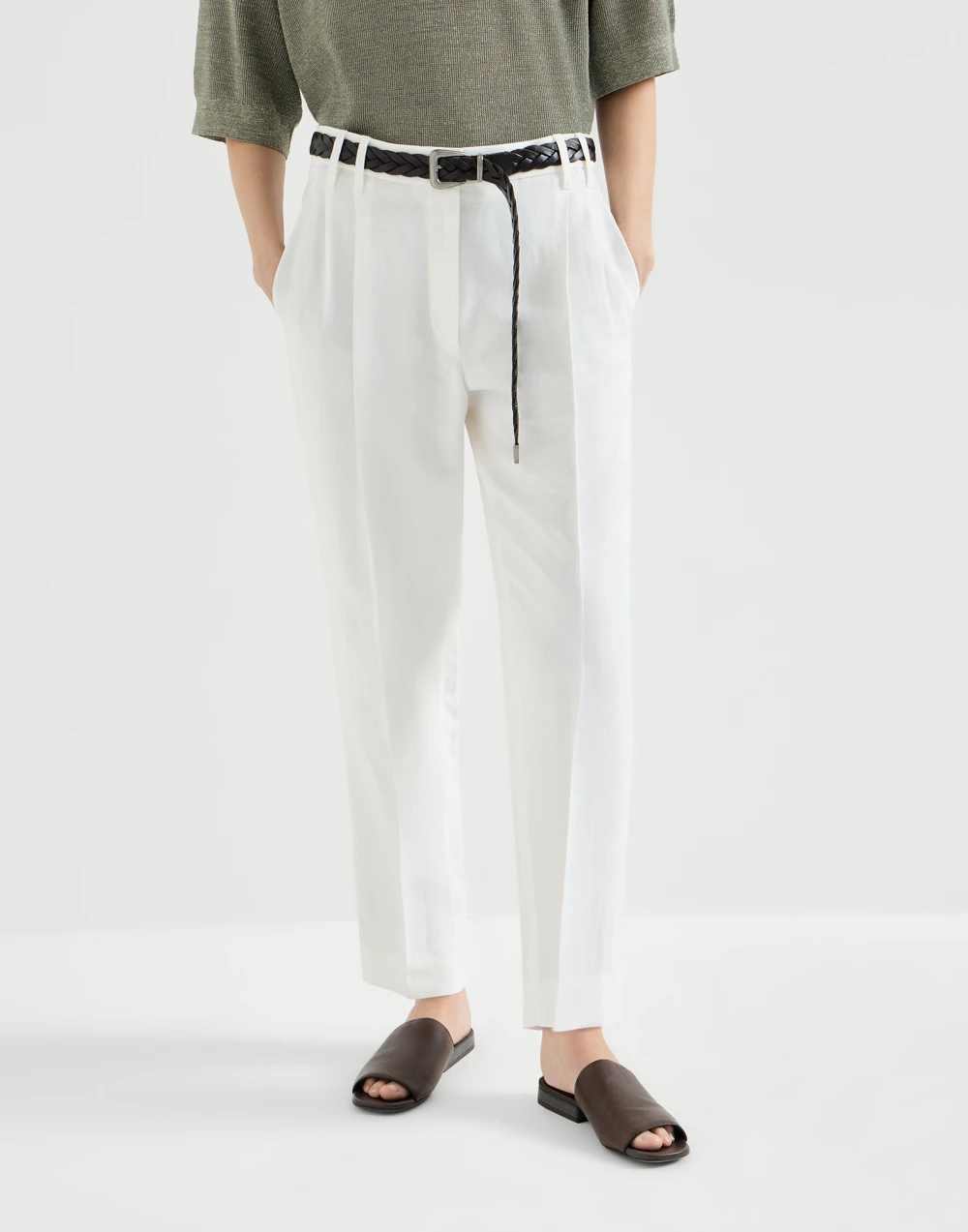 Pantalone Slouchy in twill Fluid di viscosa e lino con monile- brunello cucinelli