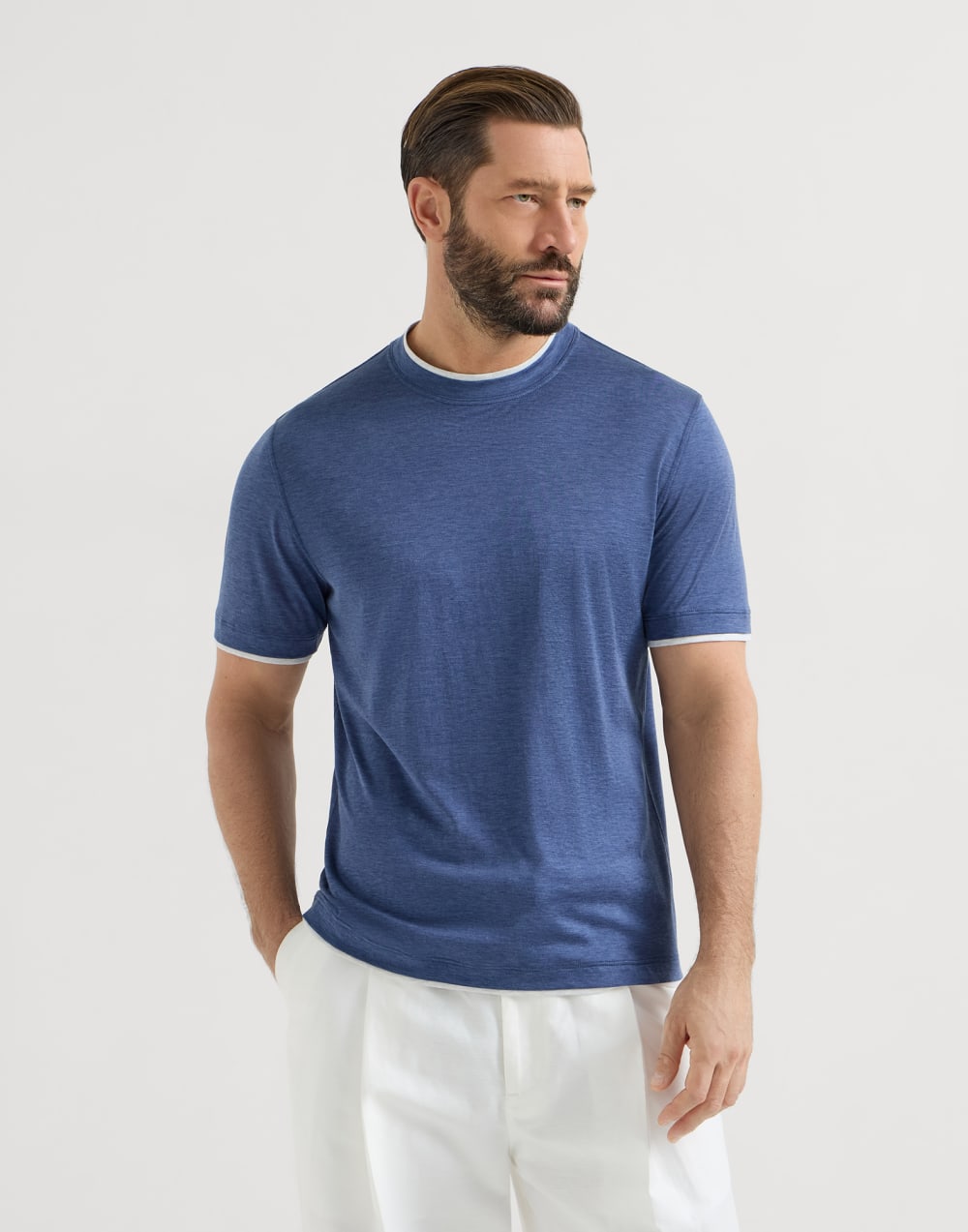 T-shirt girocollo in jersey di seta e cotone - Brunello cucinelli